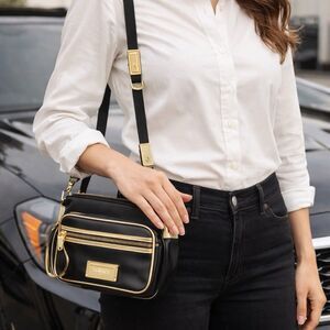 Versace Parfums Black & Gold Detachable Crossbody Zip Bag | Logo Strap